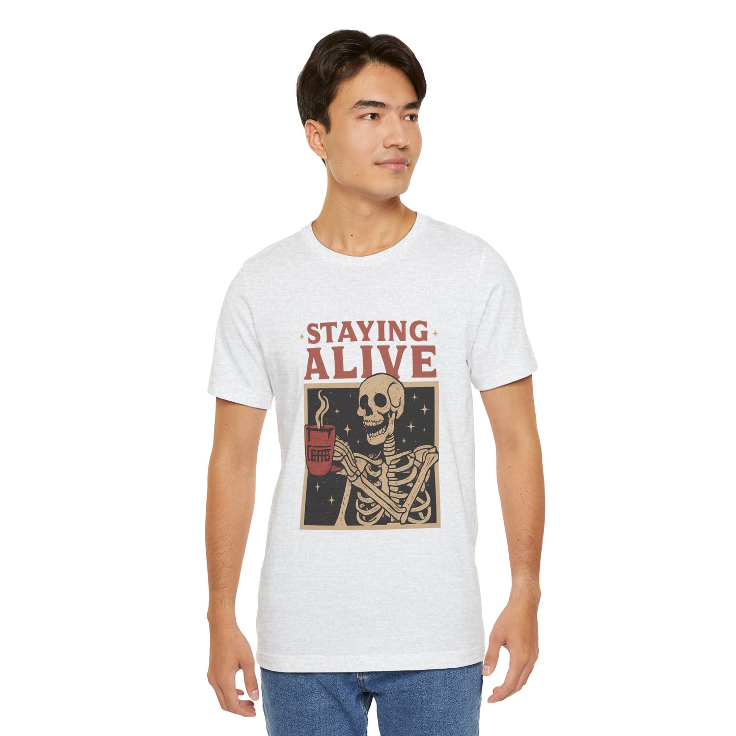 Stay Alive Skeleton Tee, Unisex Graphic Shirt, Halloween Outfit, Funny Casual T-Shirt, Gift for Coffee Lovers, Quirky Apparel