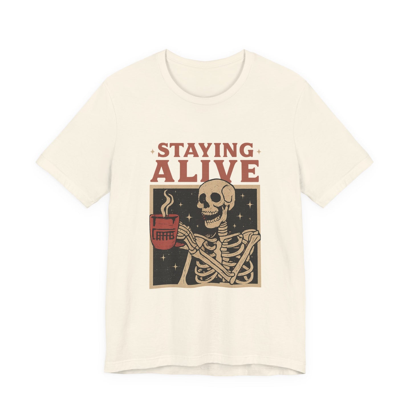 Stay Alive Skeleton Tee, Unisex Graphic Shirt, Halloween Outfit, Funny Casual T-Shirt, Gift for Coffee Lovers, Quirky Apparel
