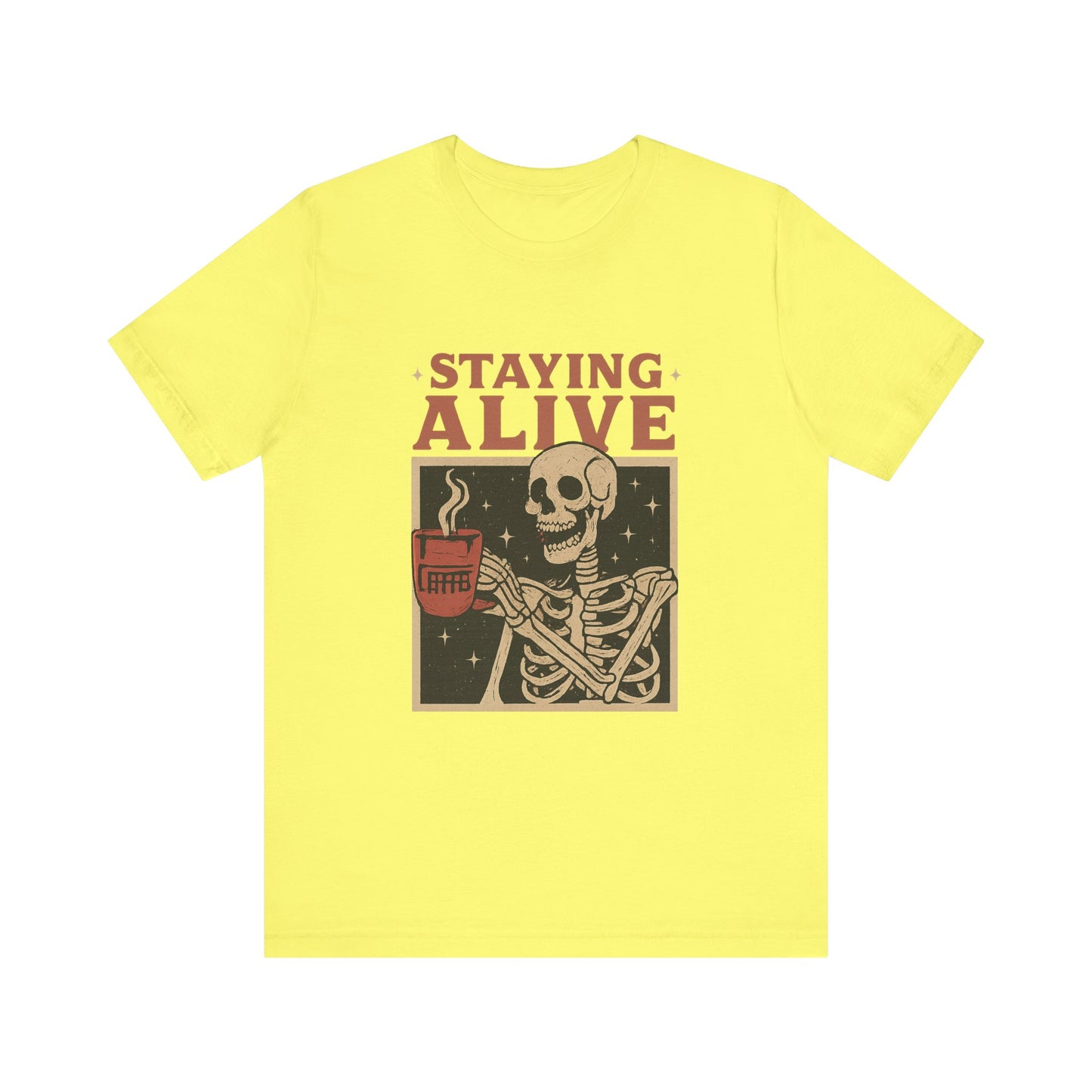Stay Alive Skeleton Tee, Unisex Graphic Shirt, Halloween Outfit, Funny Casual T-Shirt, Gift for Coffee Lovers, Quirky Apparel