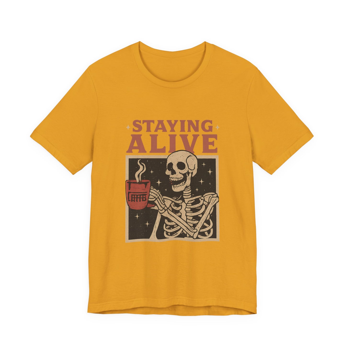 Stay Alive Skeleton Tee, Unisex Graphic Shirt, Halloween Outfit, Funny Casual T-Shirt, Gift for Coffee Lovers, Quirky Apparel