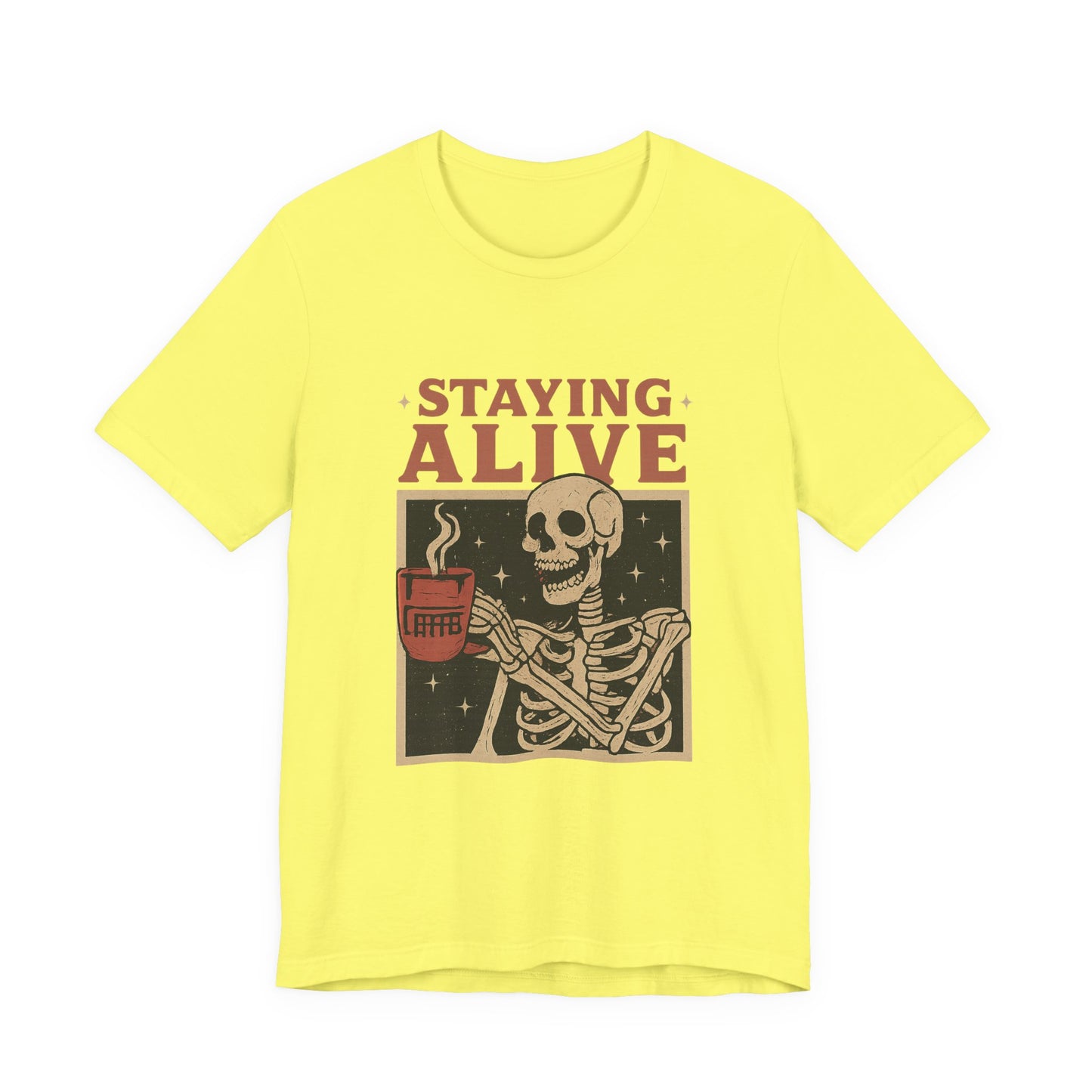 Stay Alive Skeleton Tee, Unisex Graphic Shirt, Halloween Outfit, Funny Casual T-Shirt, Gift for Coffee Lovers, Quirky Apparel