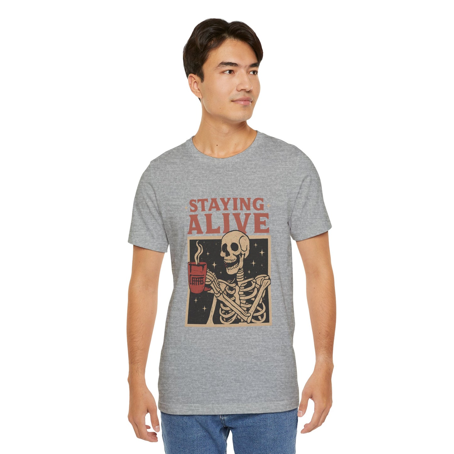 Stay Alive Skeleton Tee, Unisex Graphic Shirt, Halloween Outfit, Funny Casual T-Shirt, Gift for Coffee Lovers, Quirky Apparel