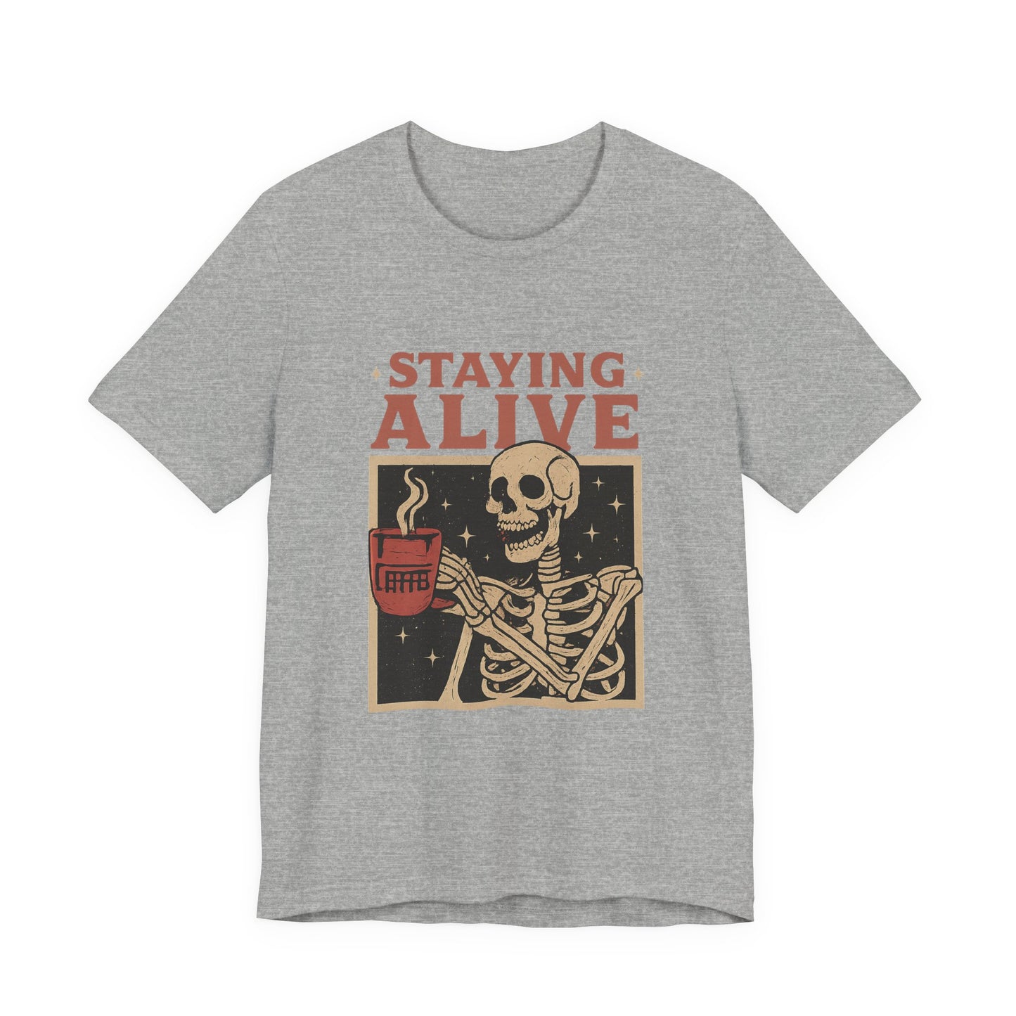Stay Alive Skeleton Tee, Unisex Graphic Shirt, Halloween Outfit, Funny Casual T-Shirt, Gift for Coffee Lovers, Quirky Apparel
