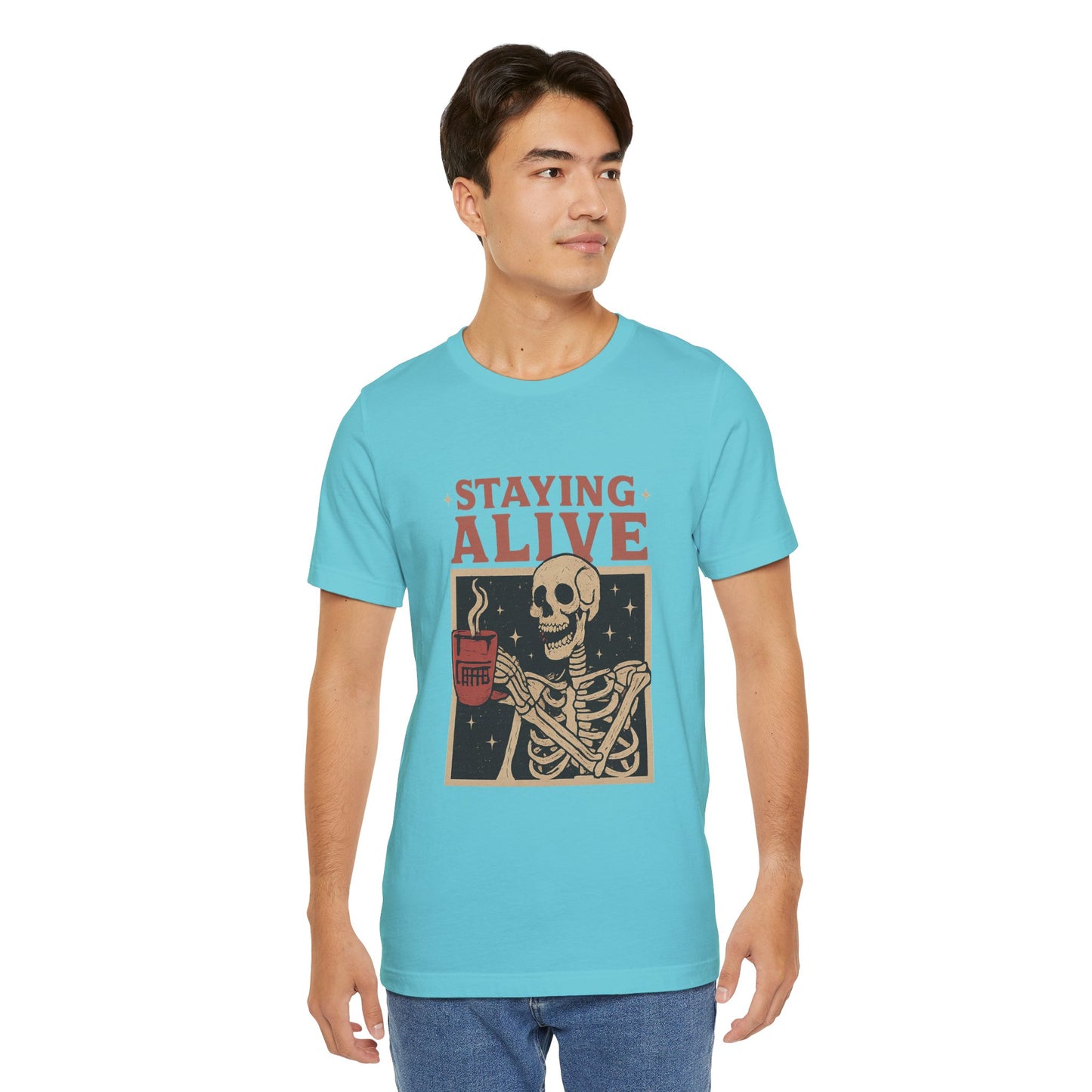 Stay Alive Skeleton Tee, Unisex Graphic Shirt, Halloween Outfit, Funny Casual T-Shirt, Gift for Coffee Lovers, Quirky Apparel