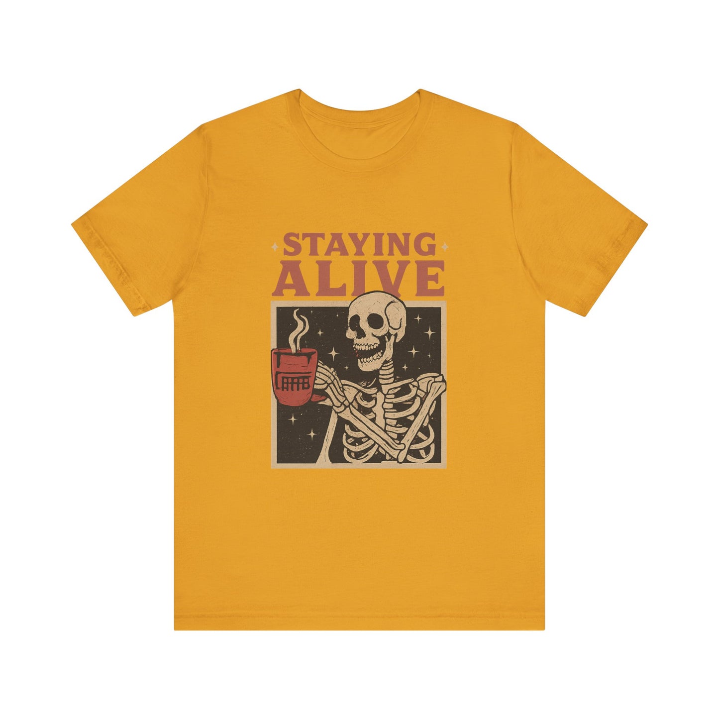 Stay Alive Skeleton Tee, Unisex Graphic Shirt, Halloween Outfit, Funny Casual T-Shirt, Gift for Coffee Lovers, Quirky Apparel