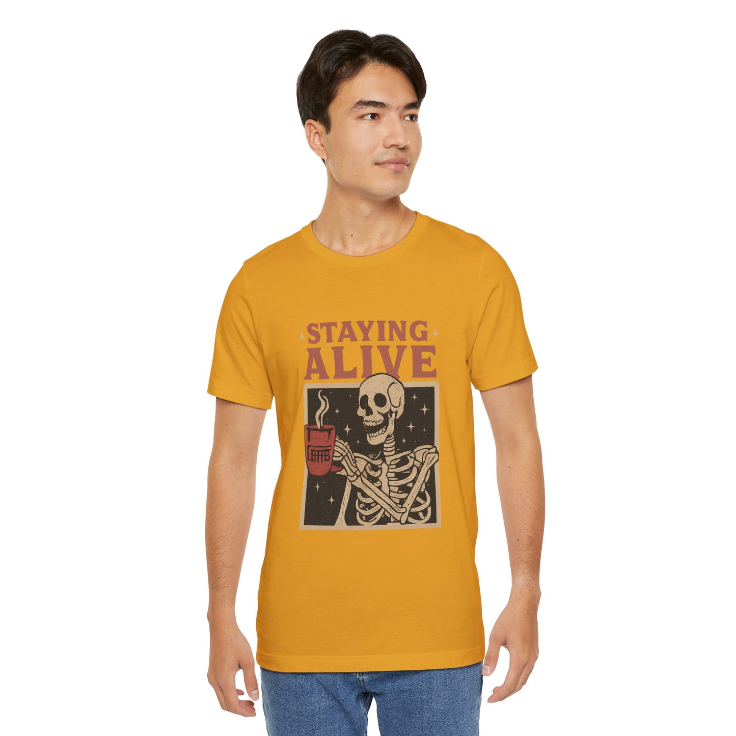 Stay Alive Skeleton Tee, Unisex Graphic Shirt, Halloween Outfit, Funny Casual T-Shirt, Gift for Coffee Lovers, Quirky Apparel