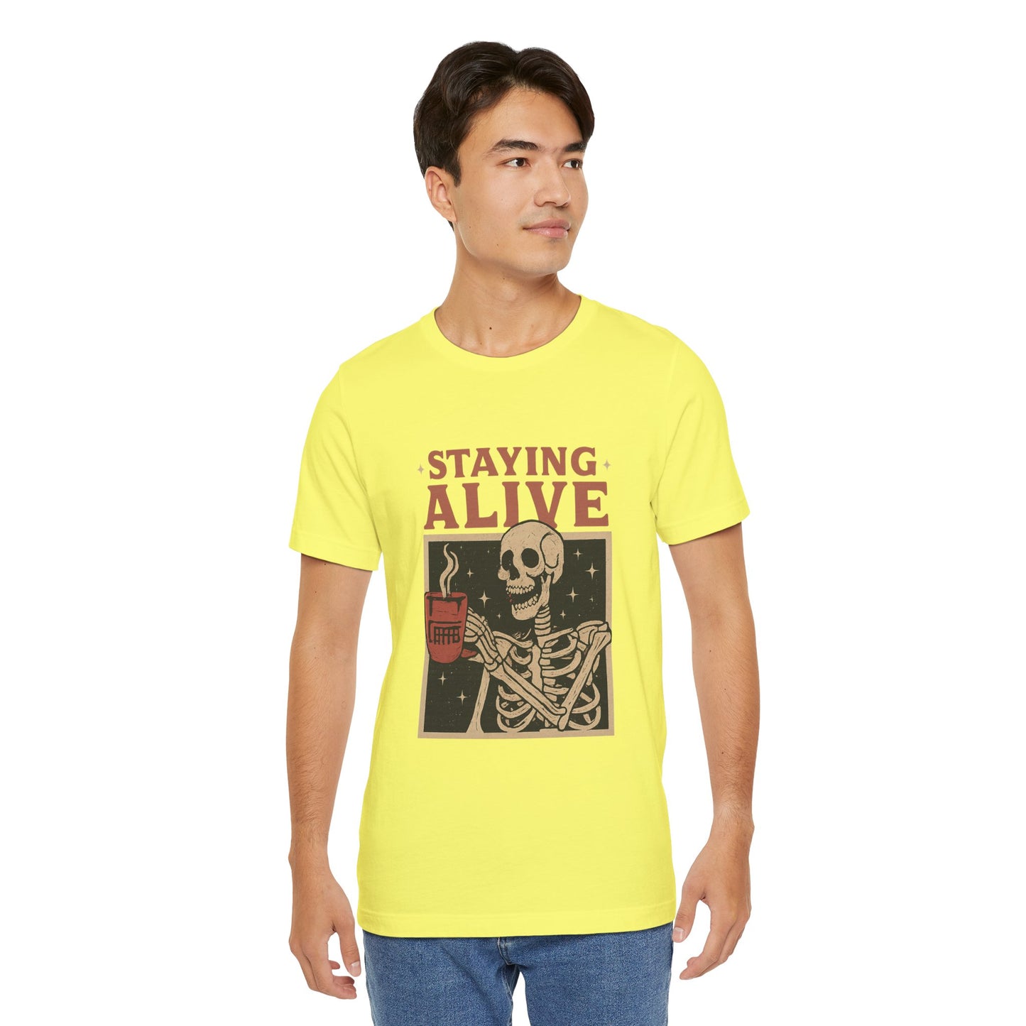 Stay Alive Skeleton Tee, Unisex Graphic Shirt, Halloween Outfit, Funny Casual T-Shirt, Gift for Coffee Lovers, Quirky Apparel