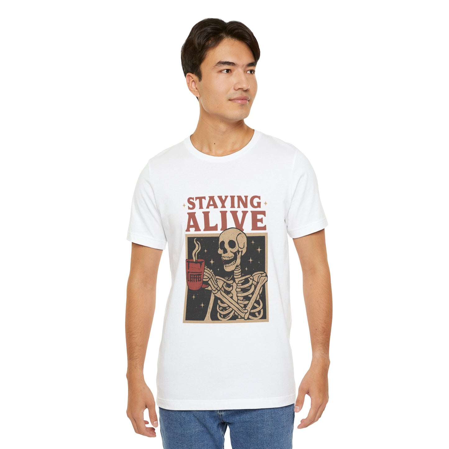 Stay Alive Skeleton Tee, Unisex Graphic Shirt, Halloween Outfit, Funny Casual T-Shirt, Gift for Coffee Lovers, Quirky Apparel