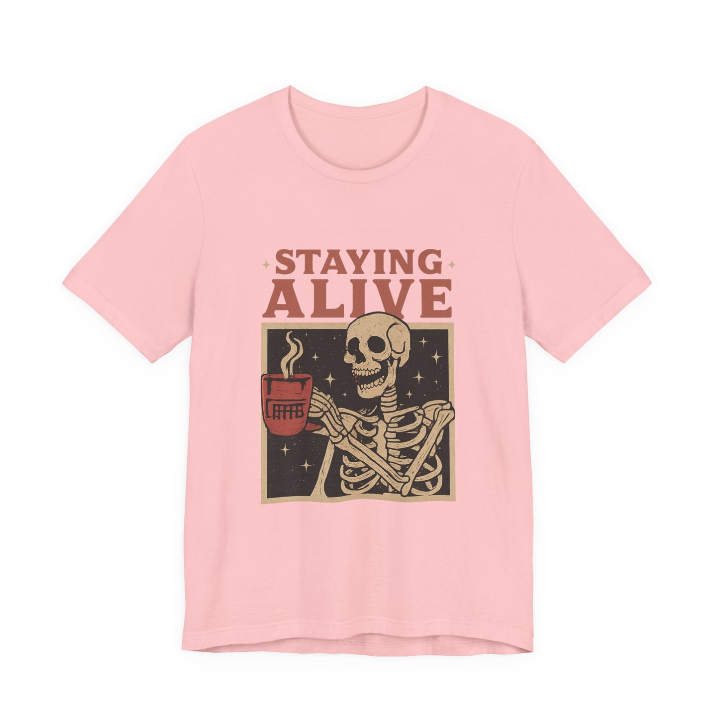Stay Alive Skeleton Tee, Unisex Graphic Shirt, Halloween Outfit, Funny Casual T-Shirt, Gift for Coffee Lovers, Quirky Apparel