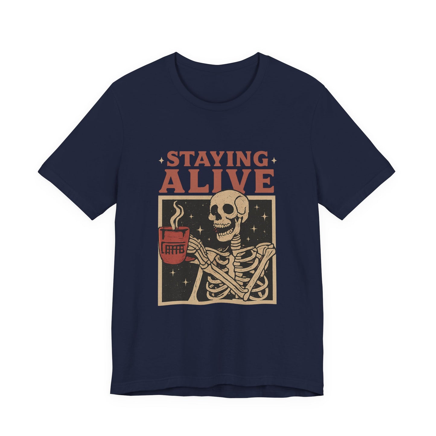 Stay Alive Skeleton Tee, Unisex Graphic Shirt, Halloween Outfit, Funny Casual T-Shirt, Gift for Coffee Lovers, Quirky Apparel
