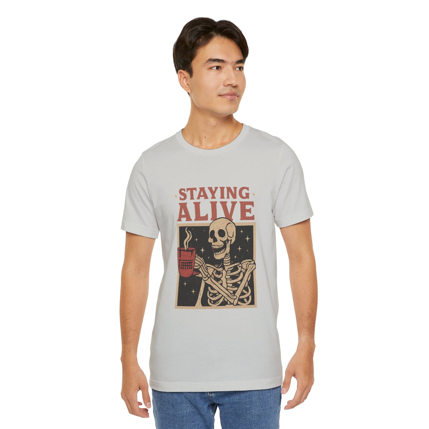 Stay Alive Skeleton Tee, Unisex Graphic Shirt, Halloween Outfit, Funny Casual T-Shirt, Gift for Coffee Lovers, Quirky Apparel