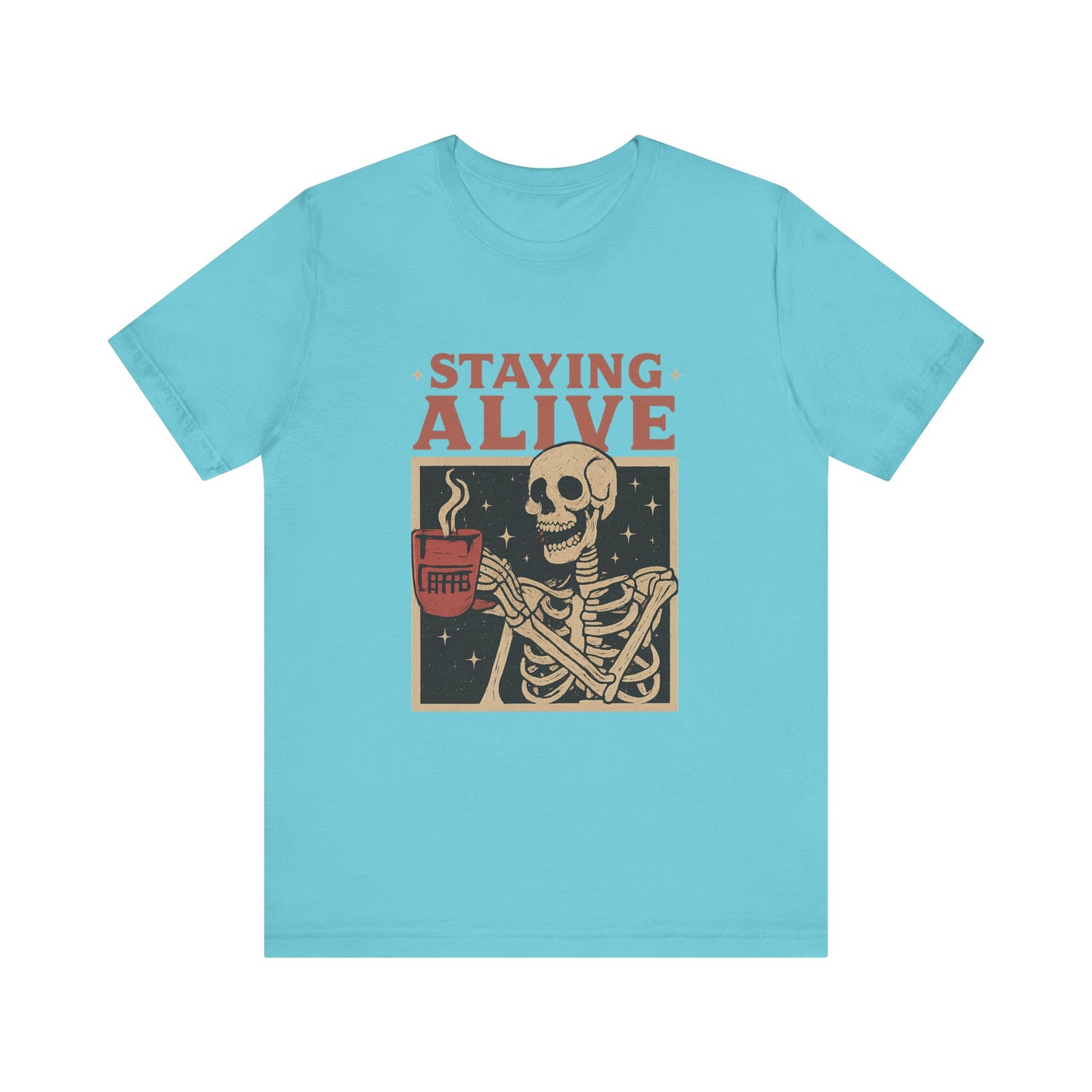 Stay Alive Skeleton Tee, Unisex Graphic Shirt, Halloween Outfit, Funny Casual T-Shirt, Gift for Coffee Lovers, Quirky Apparel