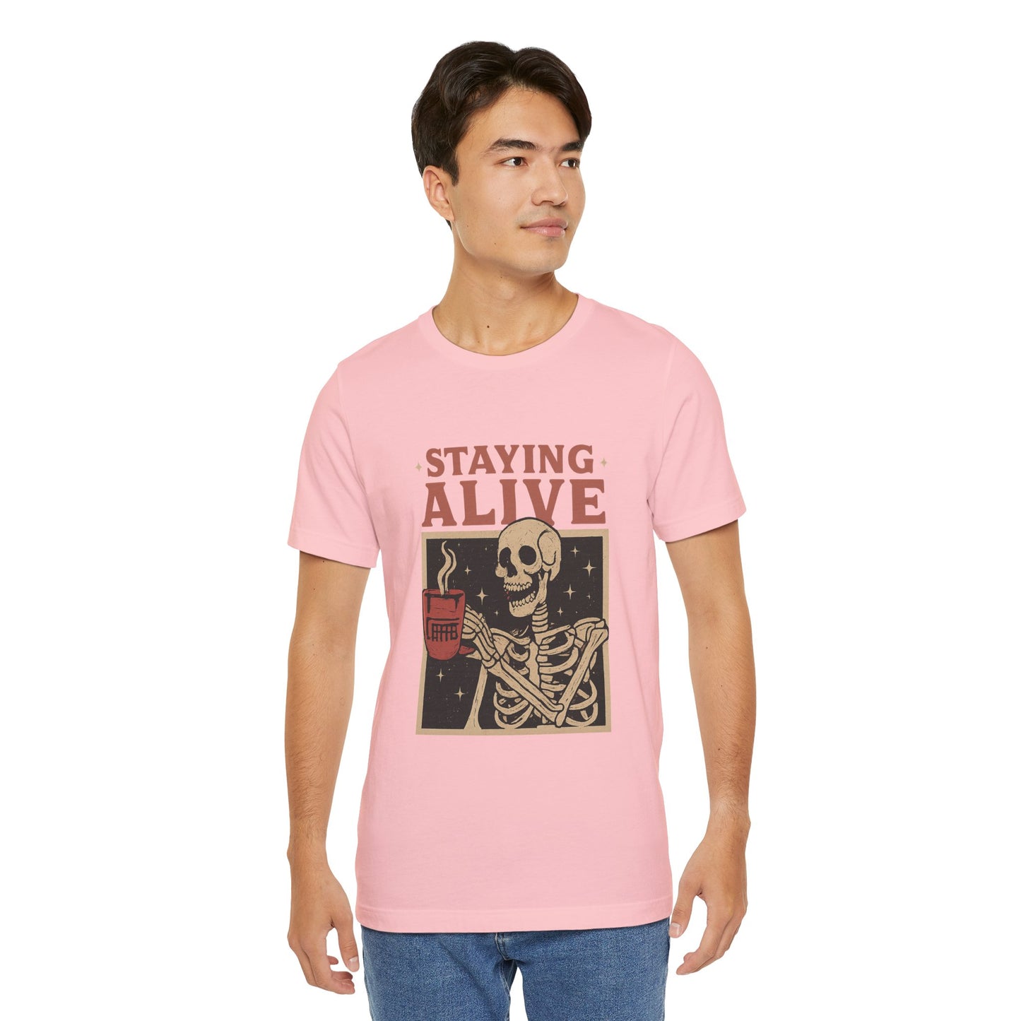 Stay Alive Skeleton Tee, Unisex Graphic Shirt, Halloween Outfit, Funny Casual T-Shirt, Gift for Coffee Lovers, Quirky Apparel