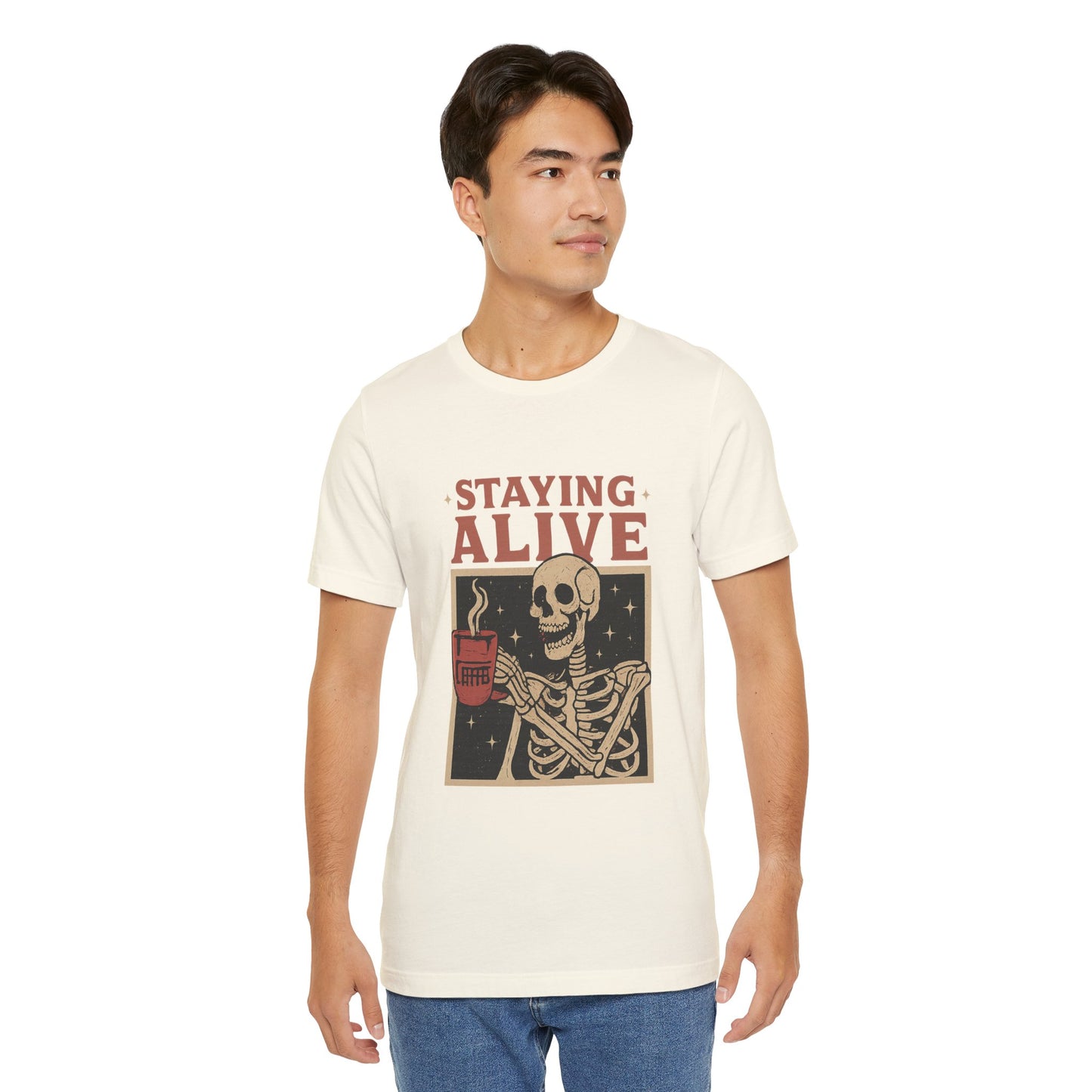 Stay Alive Skeleton Tee, Unisex Graphic Shirt, Halloween Outfit, Funny Casual T-Shirt, Gift for Coffee Lovers, Quirky Apparel