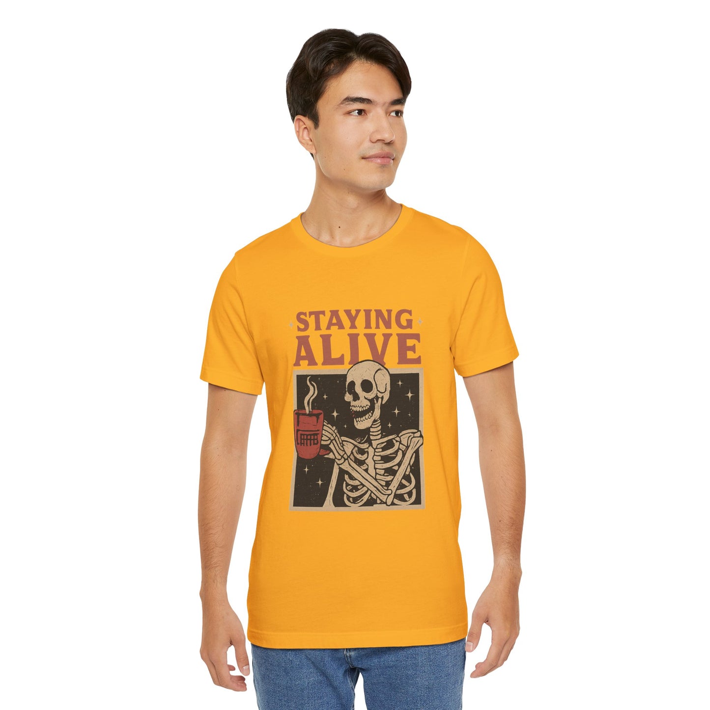 Stay Alive Skeleton Tee, Unisex Graphic Shirt, Halloween Outfit, Funny Casual T-Shirt, Gift for Coffee Lovers, Quirky Apparel