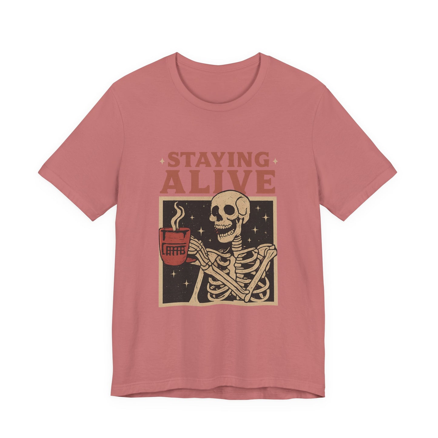 Stay Alive Skeleton Tee, Unisex Graphic Shirt, Halloween Outfit, Funny Casual T-Shirt, Gift for Coffee Lovers, Quirky Apparel