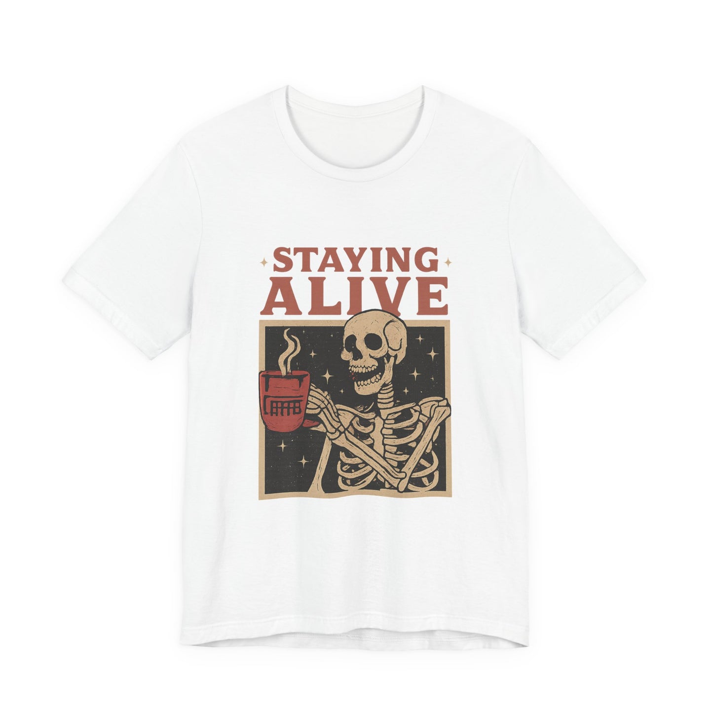 Stay Alive Skeleton Tee, Unisex Graphic Shirt, Halloween Outfit, Funny Casual T-Shirt, Gift for Coffee Lovers, Quirky Apparel