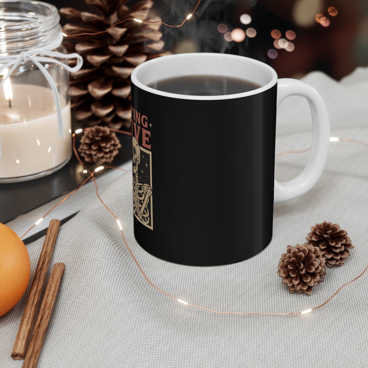 Funny Skeleton Staying Alive Mug - 11oz Coffee Cup, Halloween Gift, Quirky Kitchenware, Unique Present, Skeleton Lover's Mug