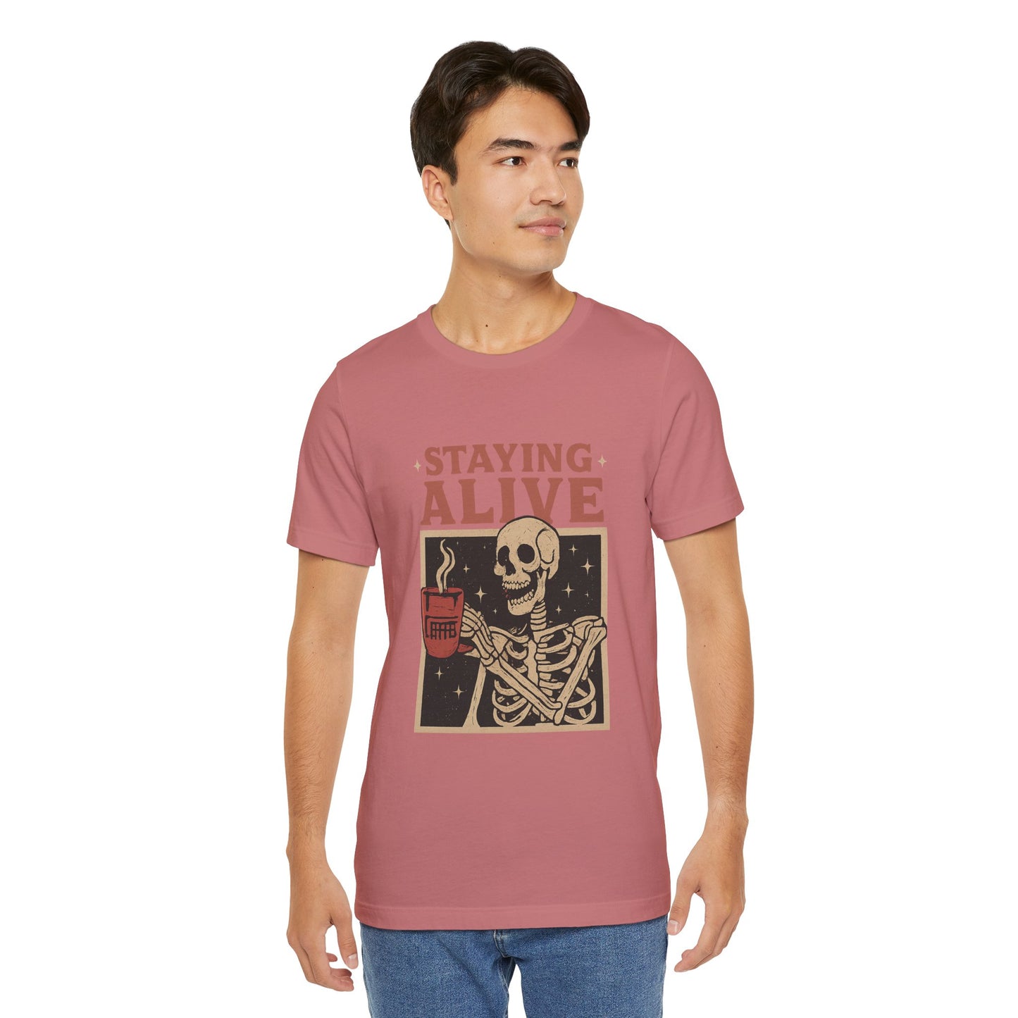 Stay Alive Skeleton Tee, Unisex Graphic Shirt, Halloween Outfit, Funny Casual T-Shirt, Gift for Coffee Lovers, Quirky Apparel