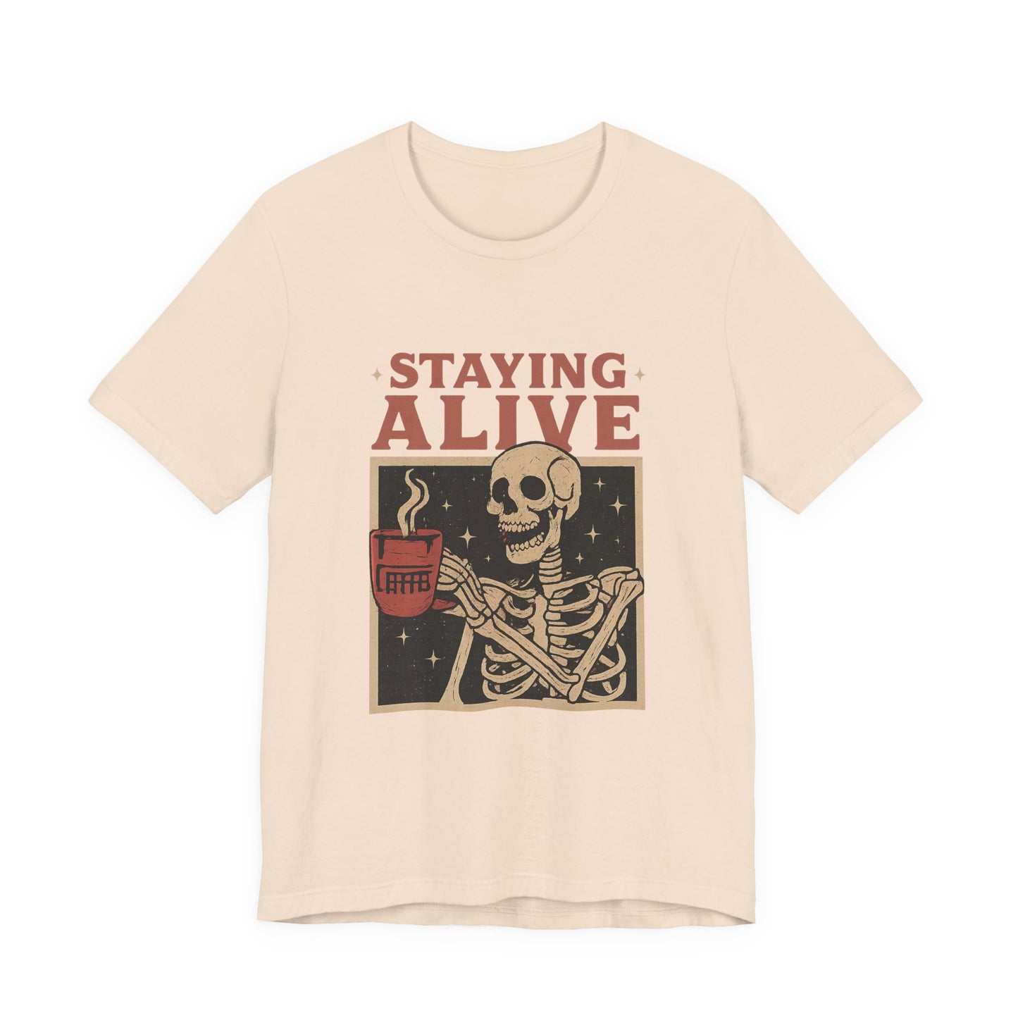 Stay Alive Skeleton Tee, Unisex Graphic Shirt, Halloween Outfit, Funny Casual T-Shirt, Gift for Coffee Lovers, Quirky Apparel
