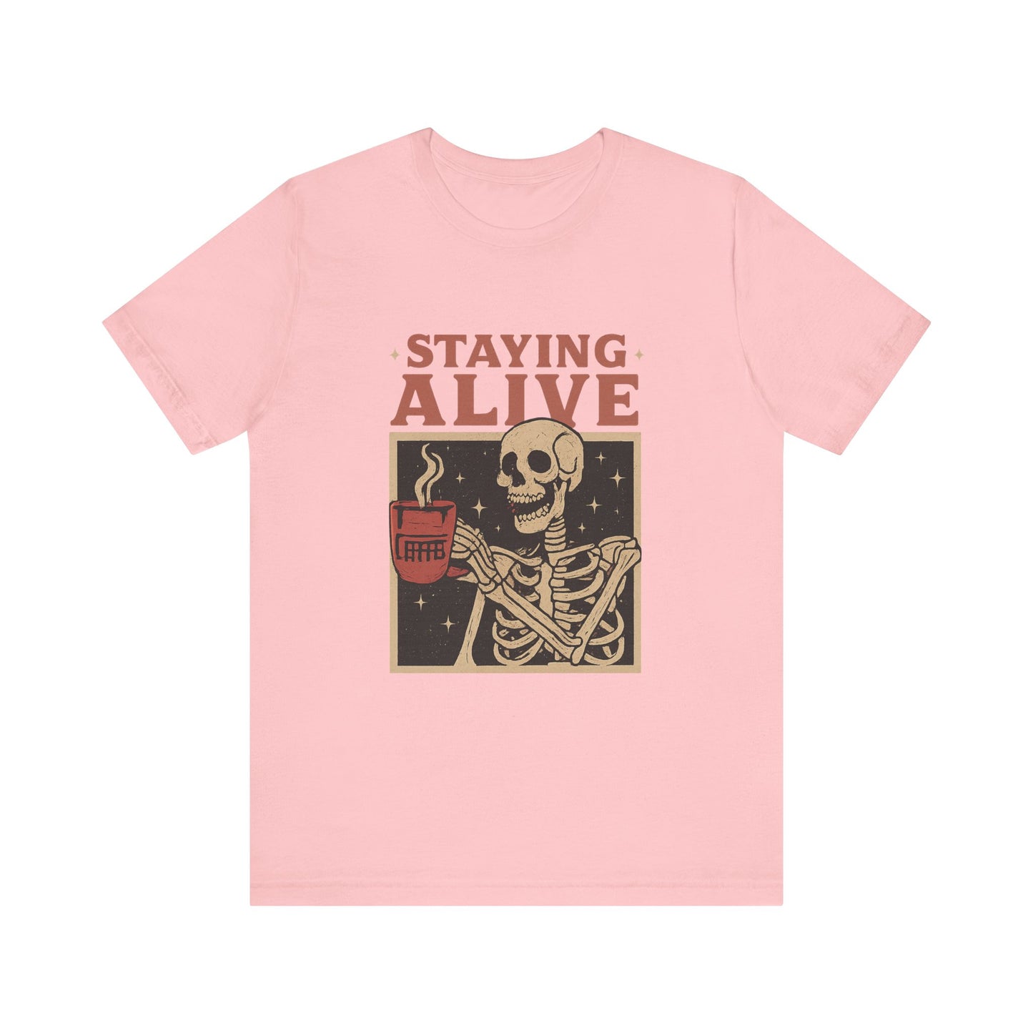 Stay Alive Skeleton Tee, Unisex Graphic Shirt, Halloween Outfit, Funny Casual T-Shirt, Gift for Coffee Lovers, Quirky Apparel