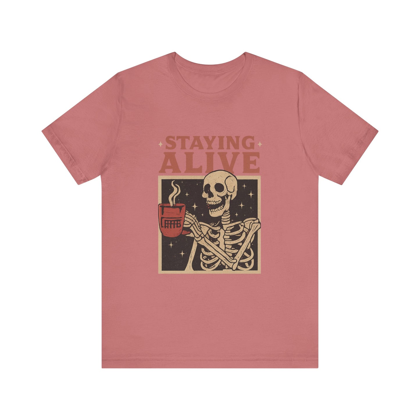 Stay Alive Skeleton Tee, Unisex Graphic Shirt, Halloween Outfit, Funny Casual T-Shirt, Gift for Coffee Lovers, Quirky Apparel