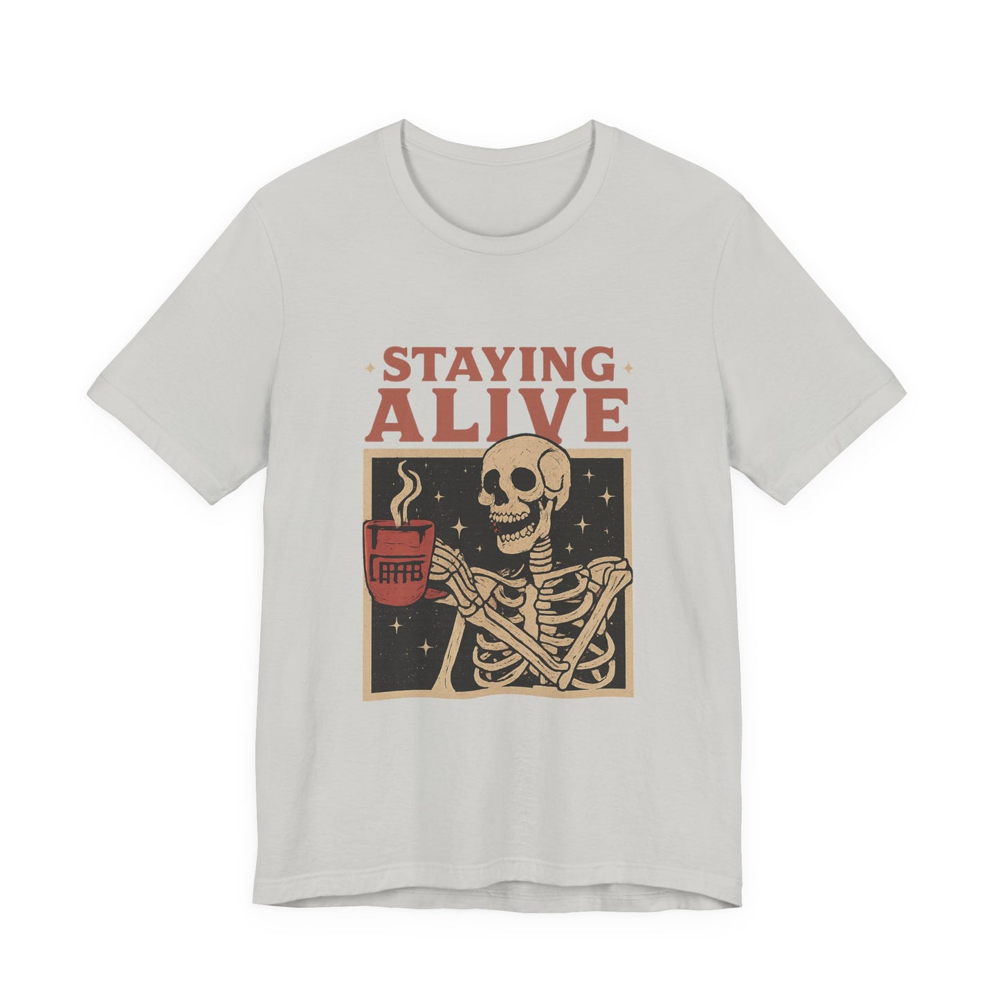 Stay Alive Skeleton Tee, Unisex Graphic Shirt, Halloween Outfit, Funny Casual T-Shirt, Gift for Coffee Lovers, Quirky Apparel