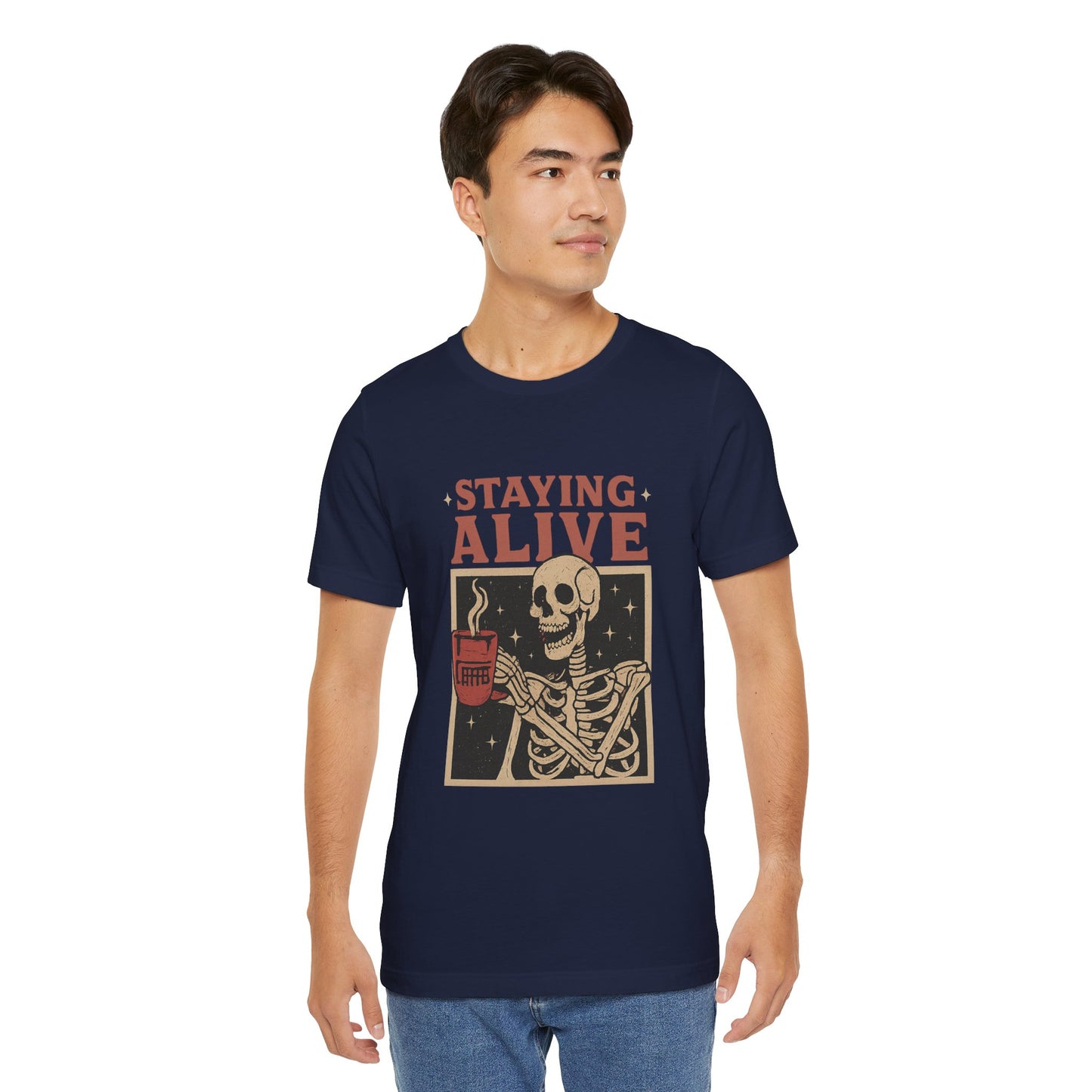Stay Alive Skeleton Tee, Unisex Graphic Shirt, Halloween Outfit, Funny Casual T-Shirt, Gift for Coffee Lovers, Quirky Apparel